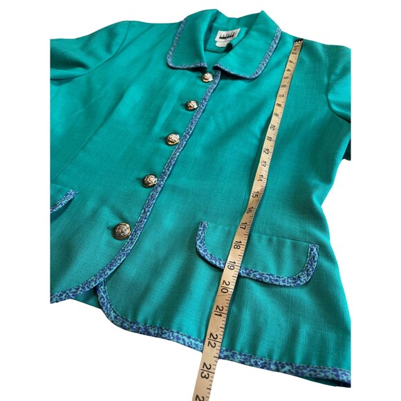 Vintage 90s Leslie Faye Top Blazer Short‎ Sleeve Teal Button Up Collar Spring 12 - Picture 7 of 16